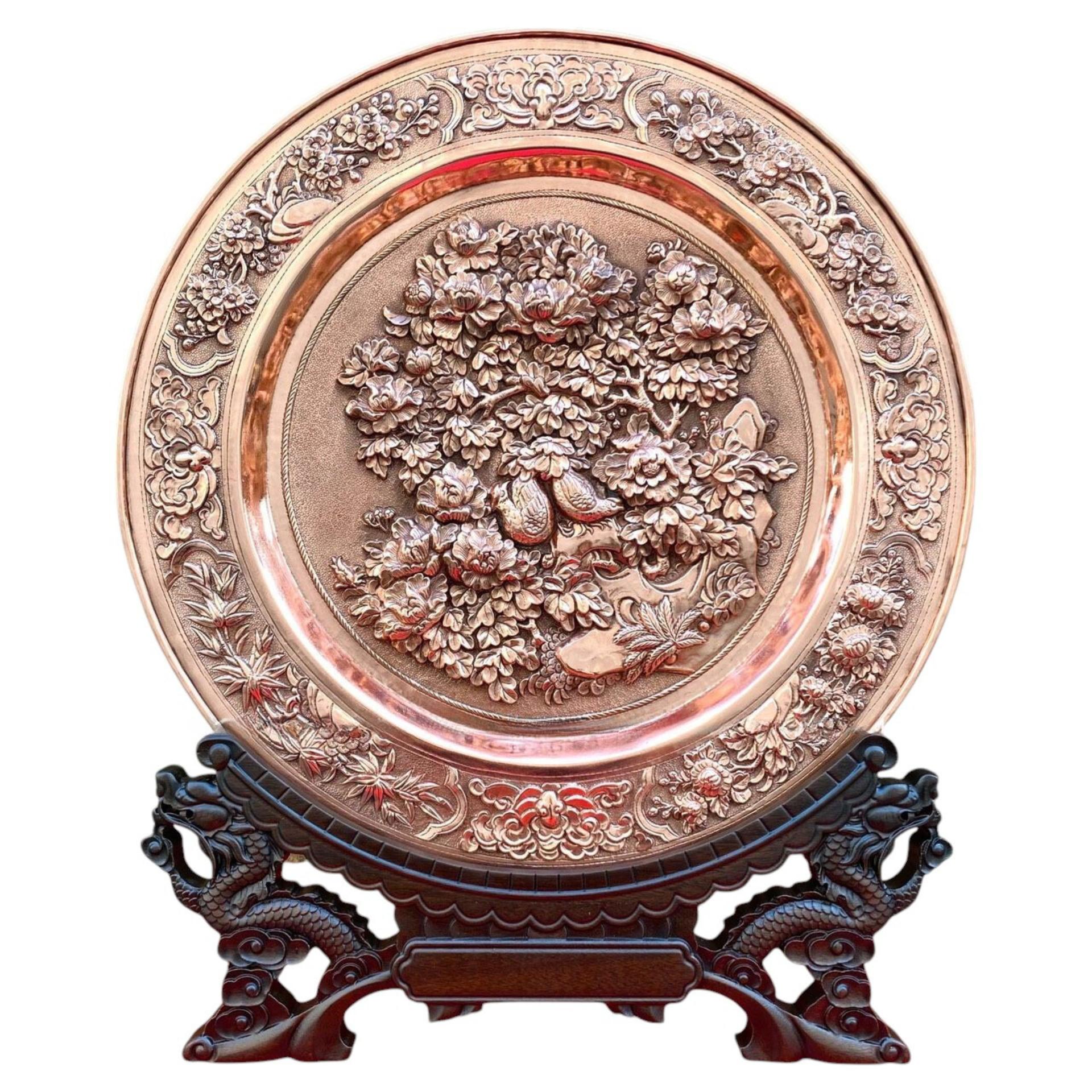 Tranh Đĩa Đồng Hoa Mẫu Đơn Và Chim Trĩ  ( 35x41cm ) - Cửu Diệu Thiên - TD014