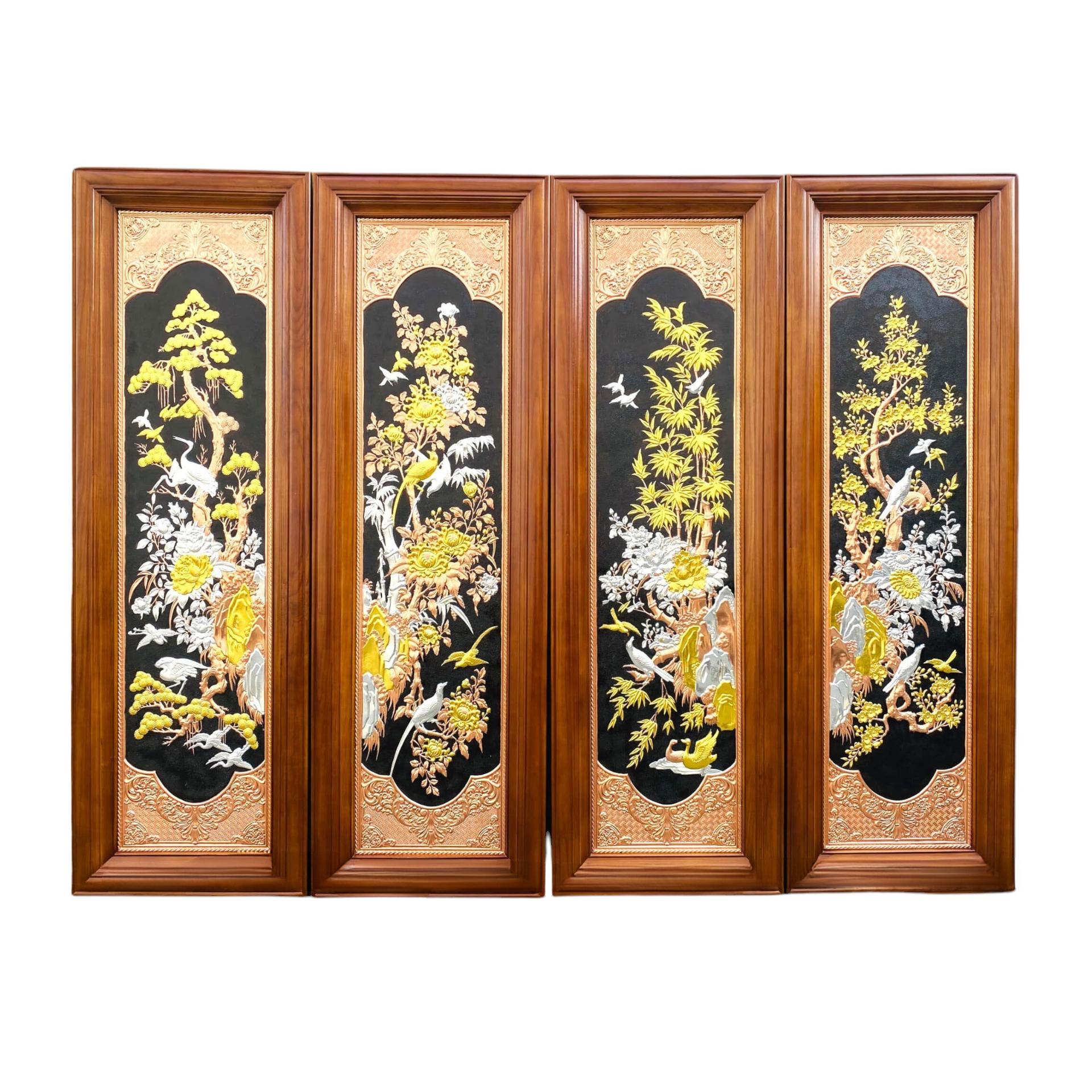Tranh Đồng Tứ Quý Dát Điểm Vàng Bạc ( 28x88cm ) - Cửu Diệu Thiên - TQ001