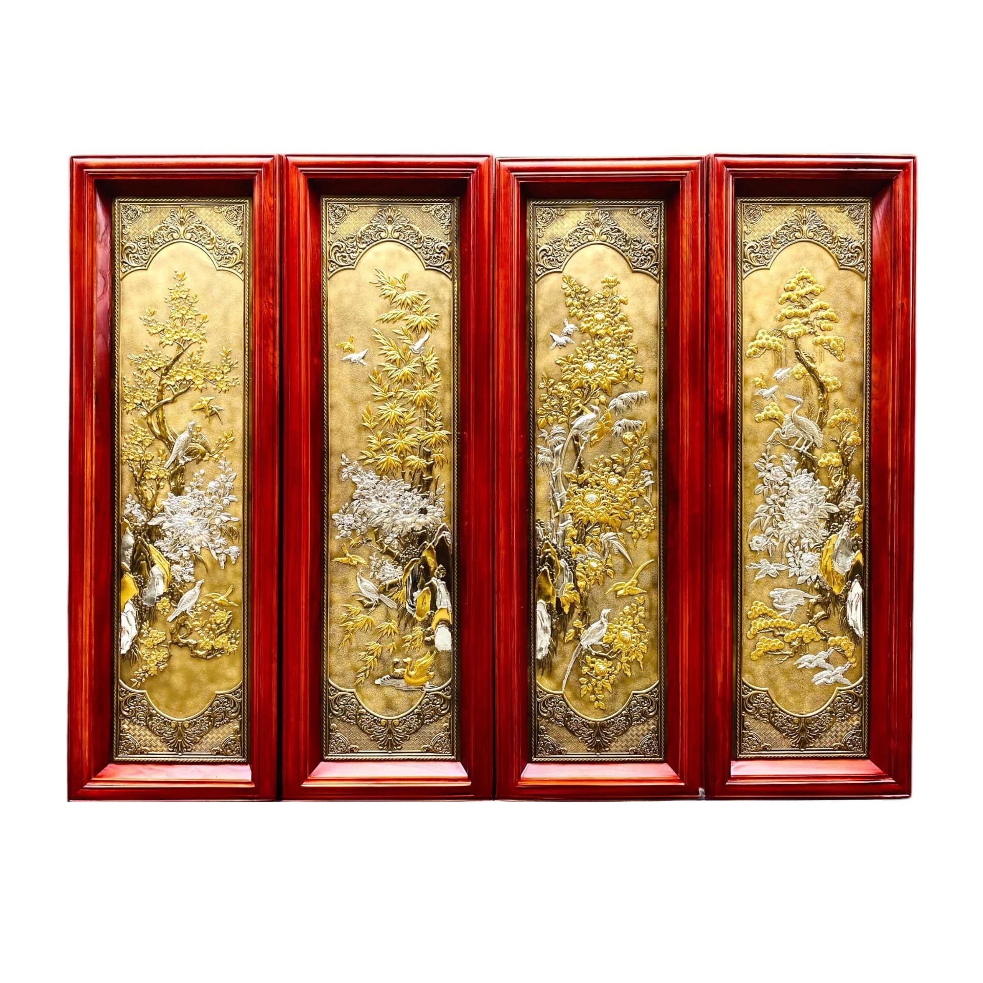 Tranh Đồng Tứ Quý Dát Điểm Vàng Bạc ( 28x88cm ) - Cửu Diệu Thiên - TQ002