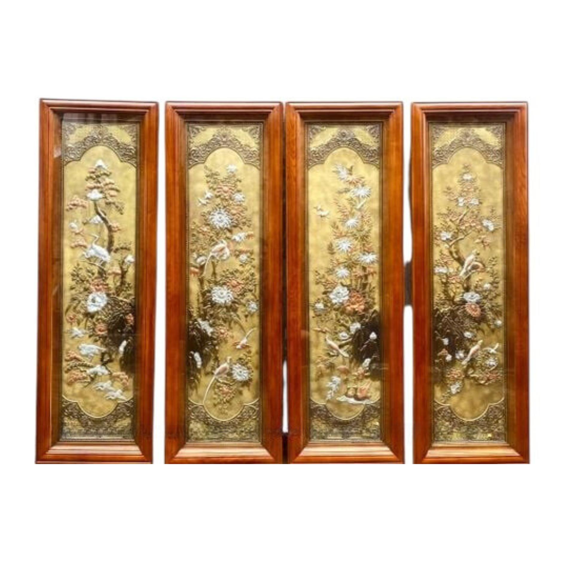 Tranh Đồng Tứ Quý Giả Cổ Dát Điểm Vàng Bạc ( 28x88cm ) - Cửu Diệu Thiên - TQ003