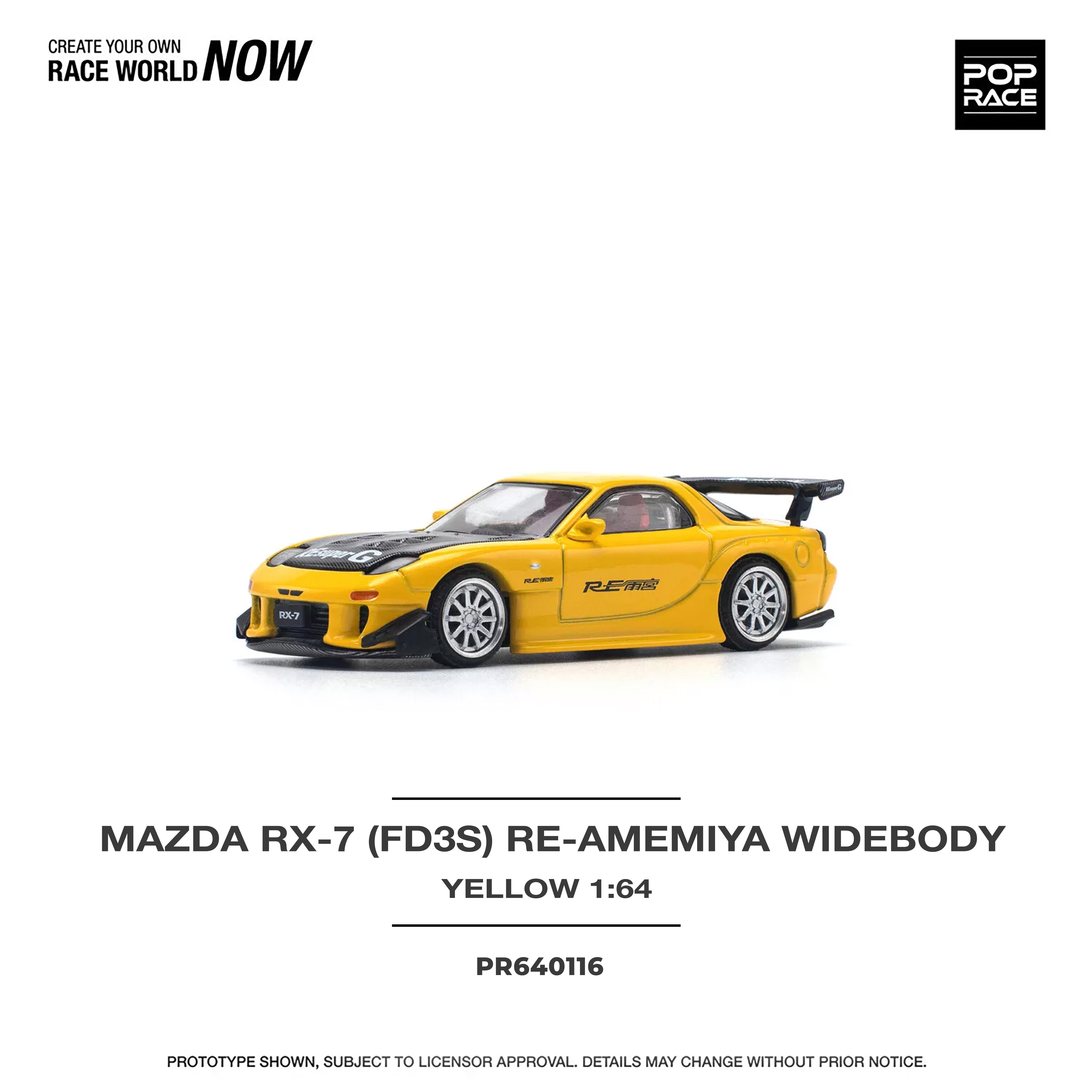 PopRace Diecast #PR640116 MAZDA RX-7 (FD3S) RE-AMEMIYA WIDEBODY YELLOW