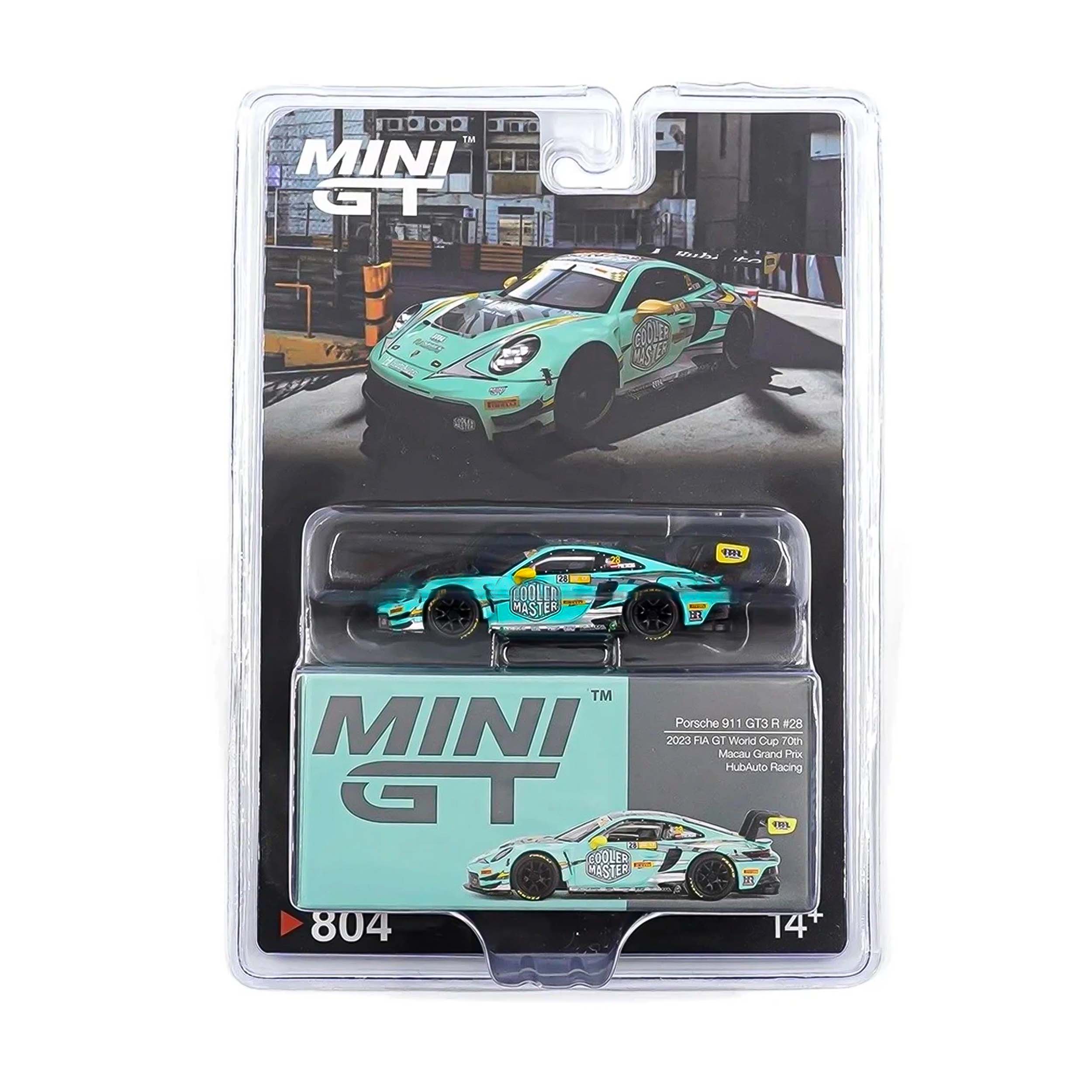 Mini GT Card Version MGT00804 Porsche 911 GT3 R #28 HubAuto Racing 2023 FIA GT World Cup 70th Macau Grand Prix