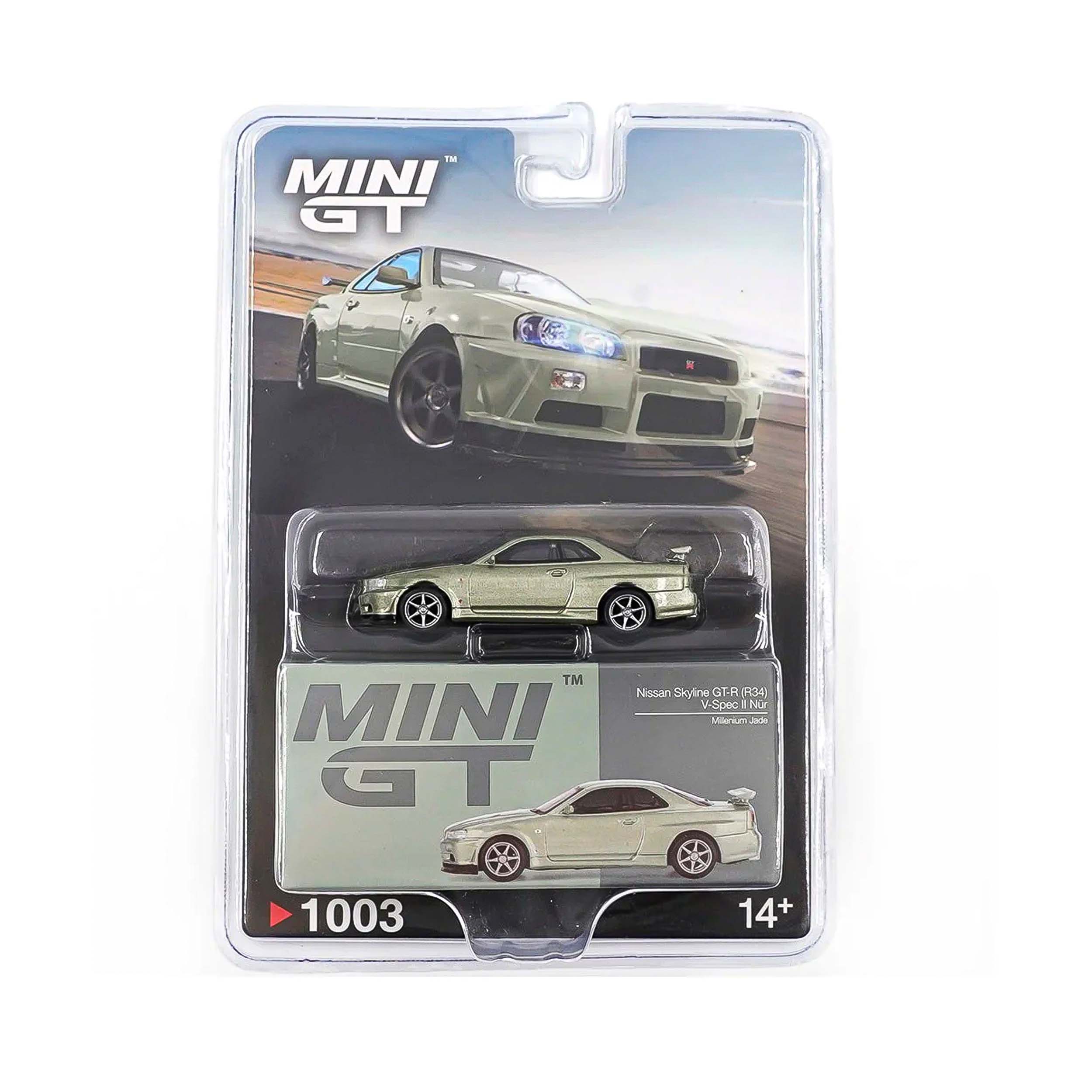Mini GT CARD Version MGT01003 Nissan Skyline GT-R (R34) V-Spec II Nür Millenium Jade