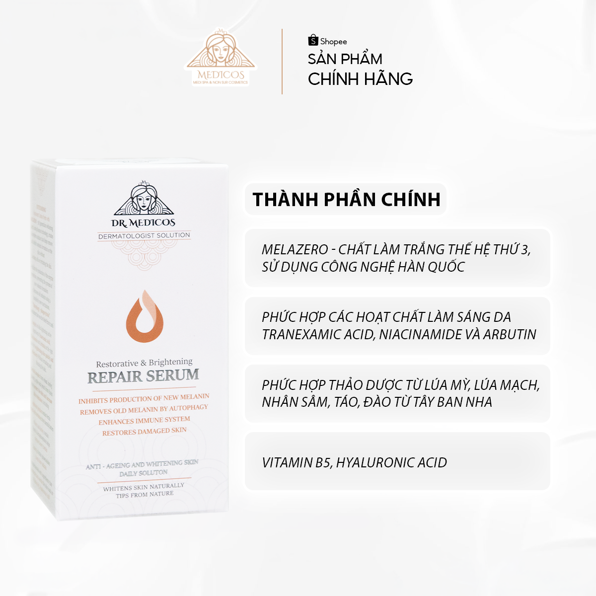 Serum Sáng Da Dr.Medicos – Tinh Chất Dưỡng Trắng, Làm Mờ Thâm, Tái Tạo Da Khỏe Mạnh Từ Bên