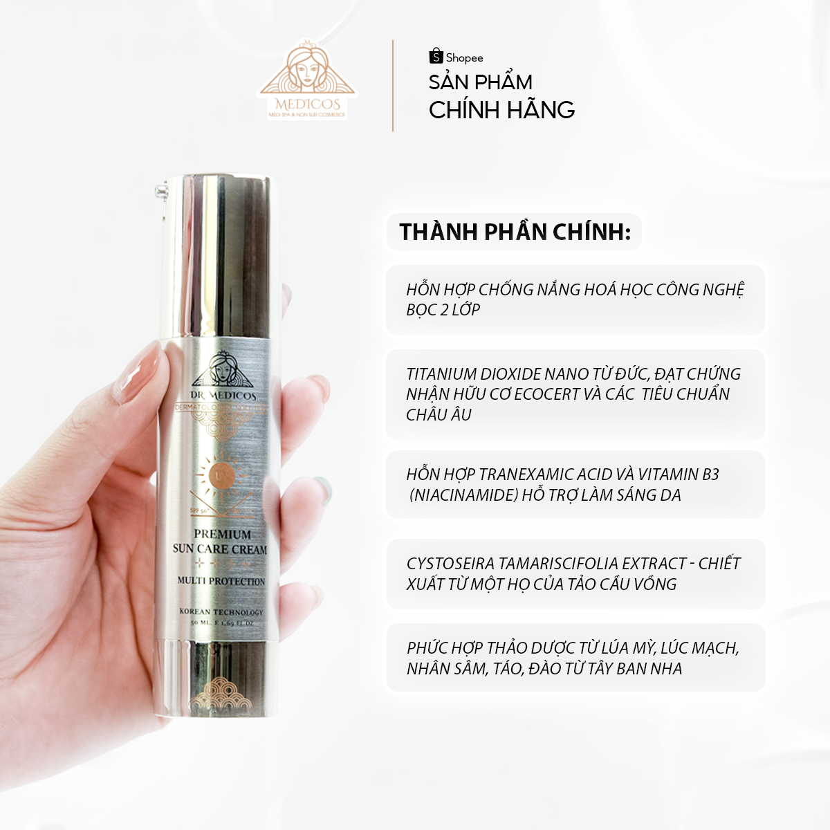 Kem Chống Nắng SPF 50+/PA++++ Dr.Medicos – Bảo Vệ Da, Dưỡng Sáng, Ngăn Lão Hóa