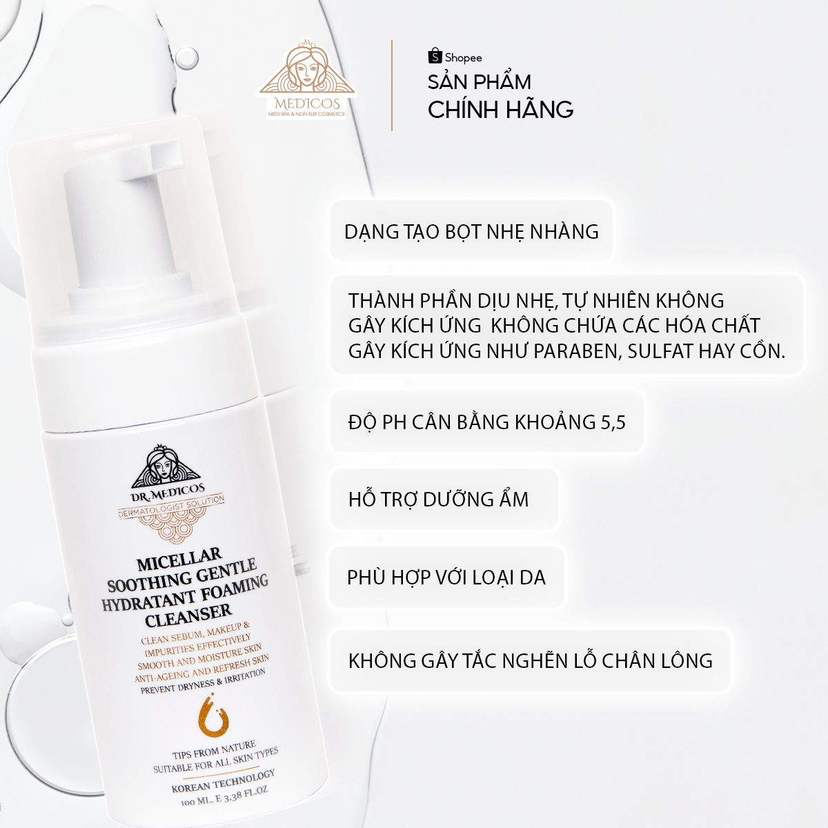 Sữa Rửa Mặt Sinh Học Dr.Medicos – Làm Sạch Dịu Nhẹ, Dưỡng Ẩm, Phục Hồi Da Sáng Khỏe
