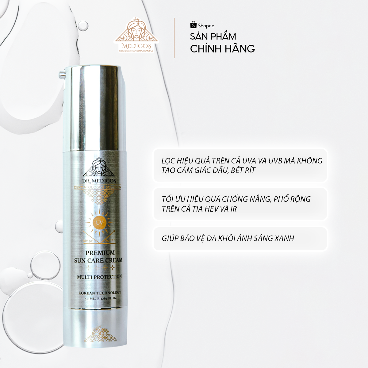 Kem Chống Nắng SPF 50+/PA++++ Dr.Medicos – Bảo Vệ Da, Dưỡng Sáng, Ngăn Lão Hóa