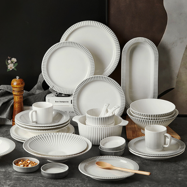 Bộ bát đĩa Giang Tây thượng hạng Ombre - viền vân sọc xám - GT08