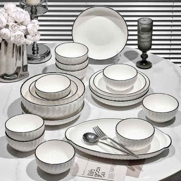 Bộ bát đĩa TC Classic White - trắng vân viền đen - TC01