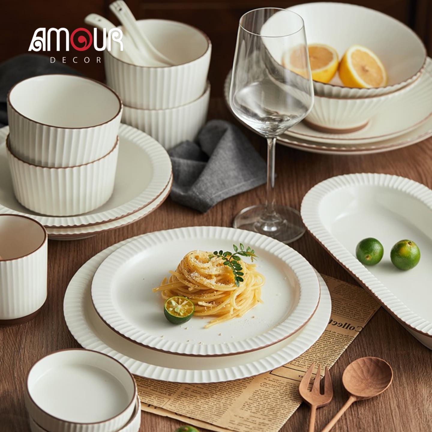 Bộ bát đĩa thượng hạng Collins- viền vân sọc màu kem - GT09