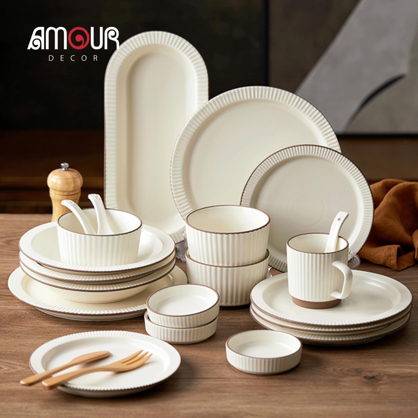 Bộ bát đĩa thượng hạng Collins- viền vân sọc màu kem - GT09