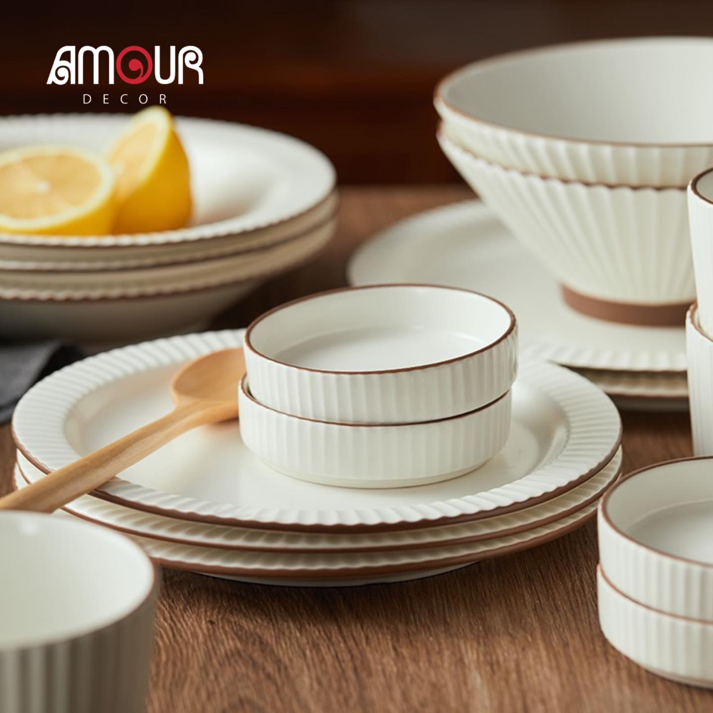 Bộ bát đĩa thượng hạng Collins- viền vân sọc màu kem - GT09