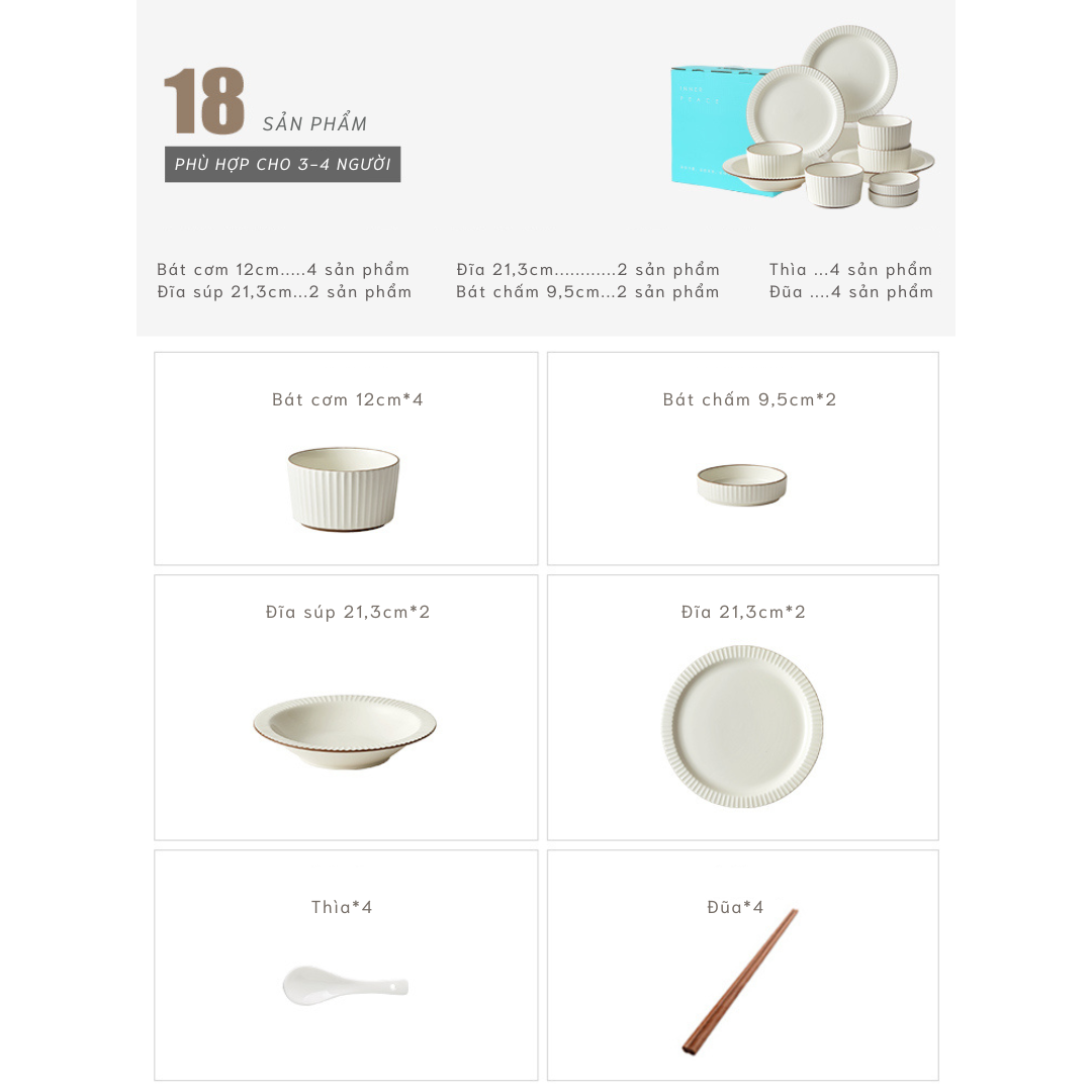 Bộ bát đĩa thượng hạng Collins- viền vân sọc màu kem - GT09