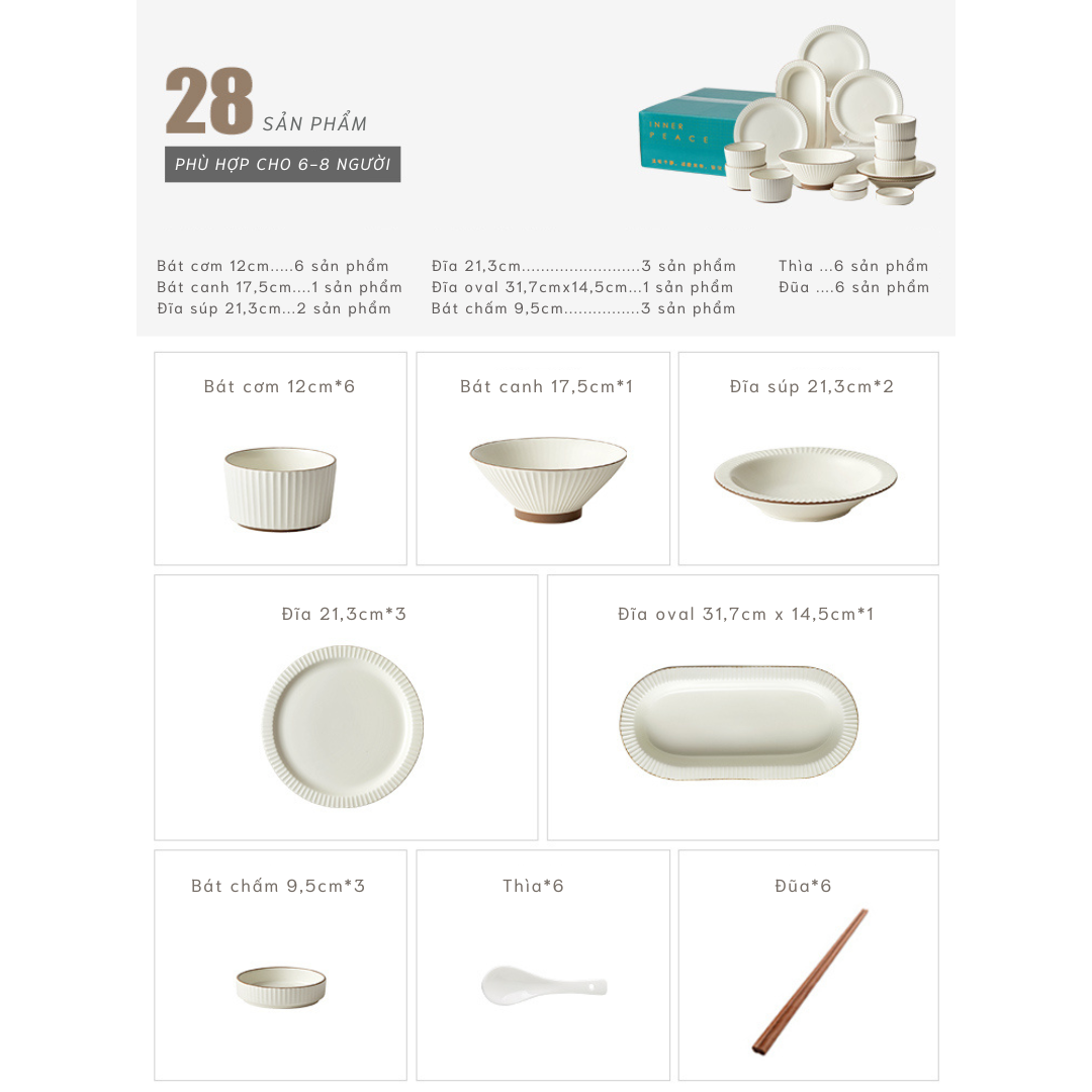 Bộ bát đĩa thượng hạng Collins- viền vân sọc màu kem - GT09