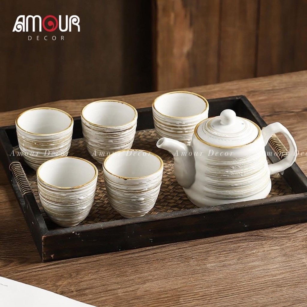 Bộ ấm trà vân nâu (1 ấm + 5 cốc) - TC59