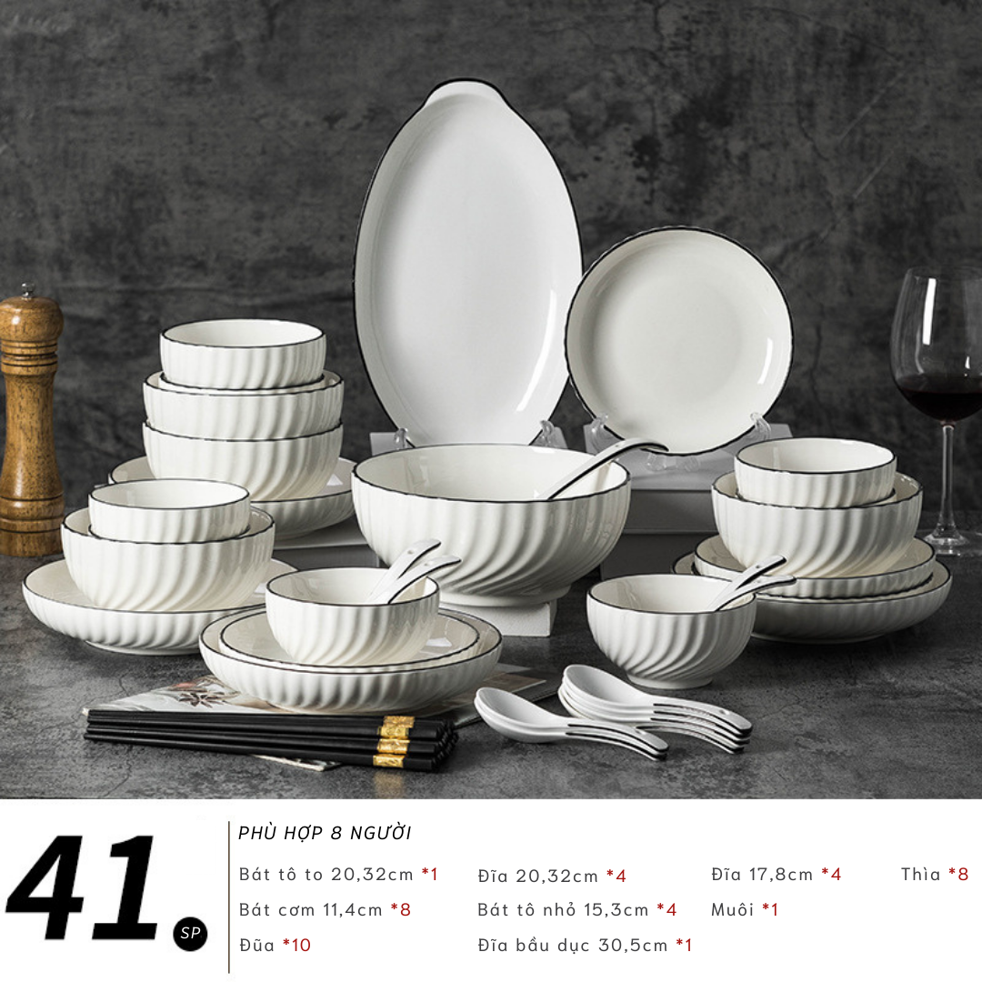 Bộ bát đĩa TC Classic White - trắng vân viền đen - TC01