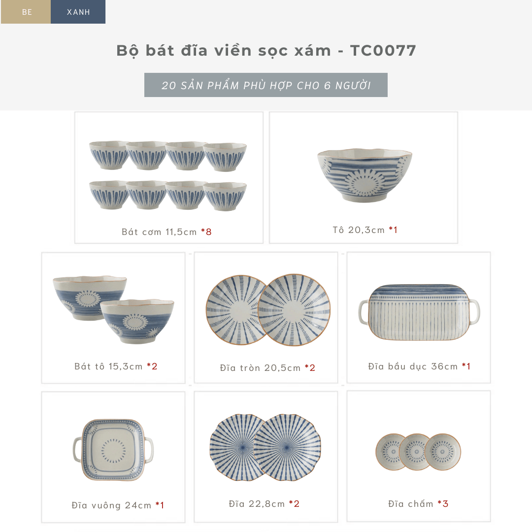 Bộ bát đĩa gốm sứ họa tiết sọc tròn phong cách Nhật Bản - TC77