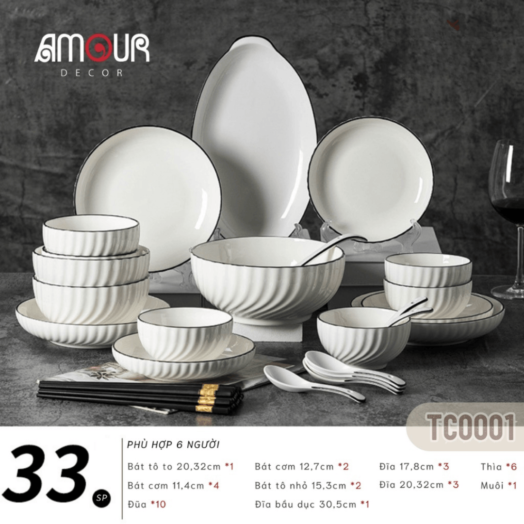 Bộ bát đĩa TC Classic White - trắng vân viền đen - TC01