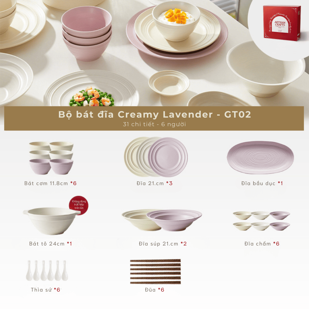 Bộ bát đĩa thủ công Creamy Lavender- vân tròn nhiều lớp tím be - GT02