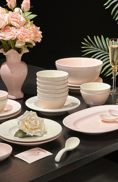 Bộ bát đĩa phong cách Bắc Âu Hồng - Kem TC70 - 13 chi tiết