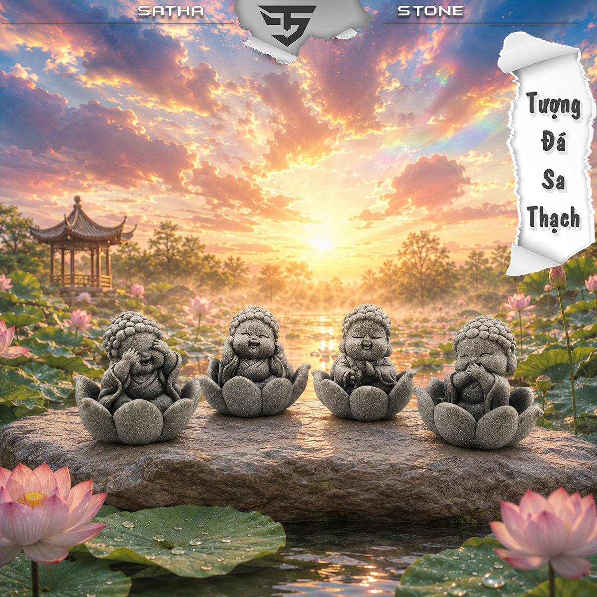 Bộ tiểu phật tứ không tọa sen đá sa thạch ST.PVN2684