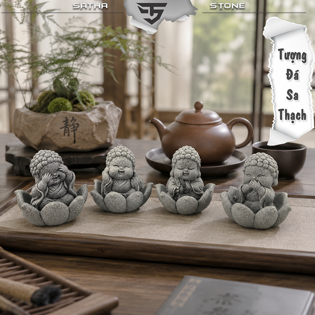Bộ tiểu phật tứ không tọa sen đá sa thạch ST.PVN2684