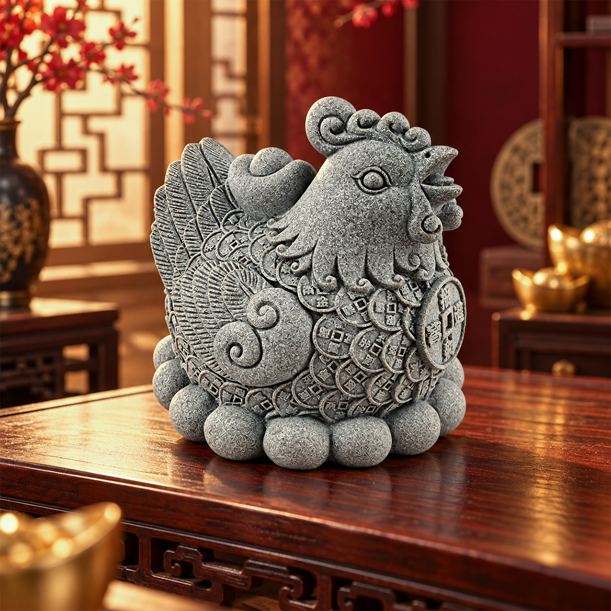 Tượng gà vàng ấp trứng đá sa thạch