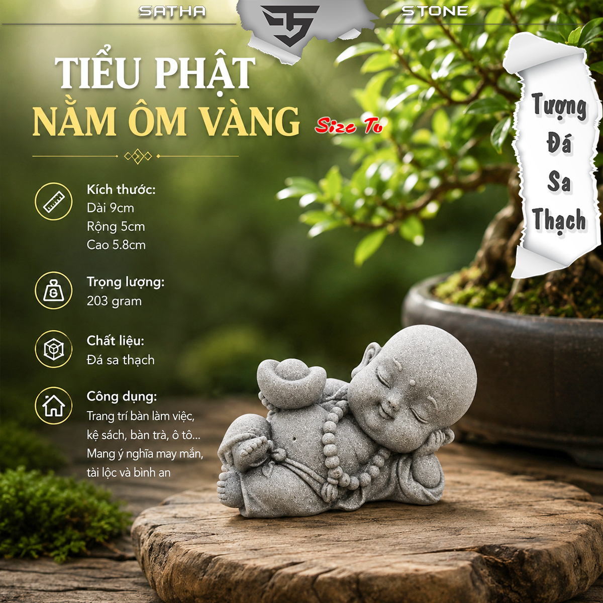 Tượng tiểu phật nằm ôm vàng đá sa thạch