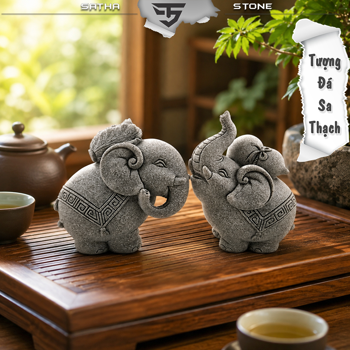 Tượng song tượng bách tài đá sa thạch