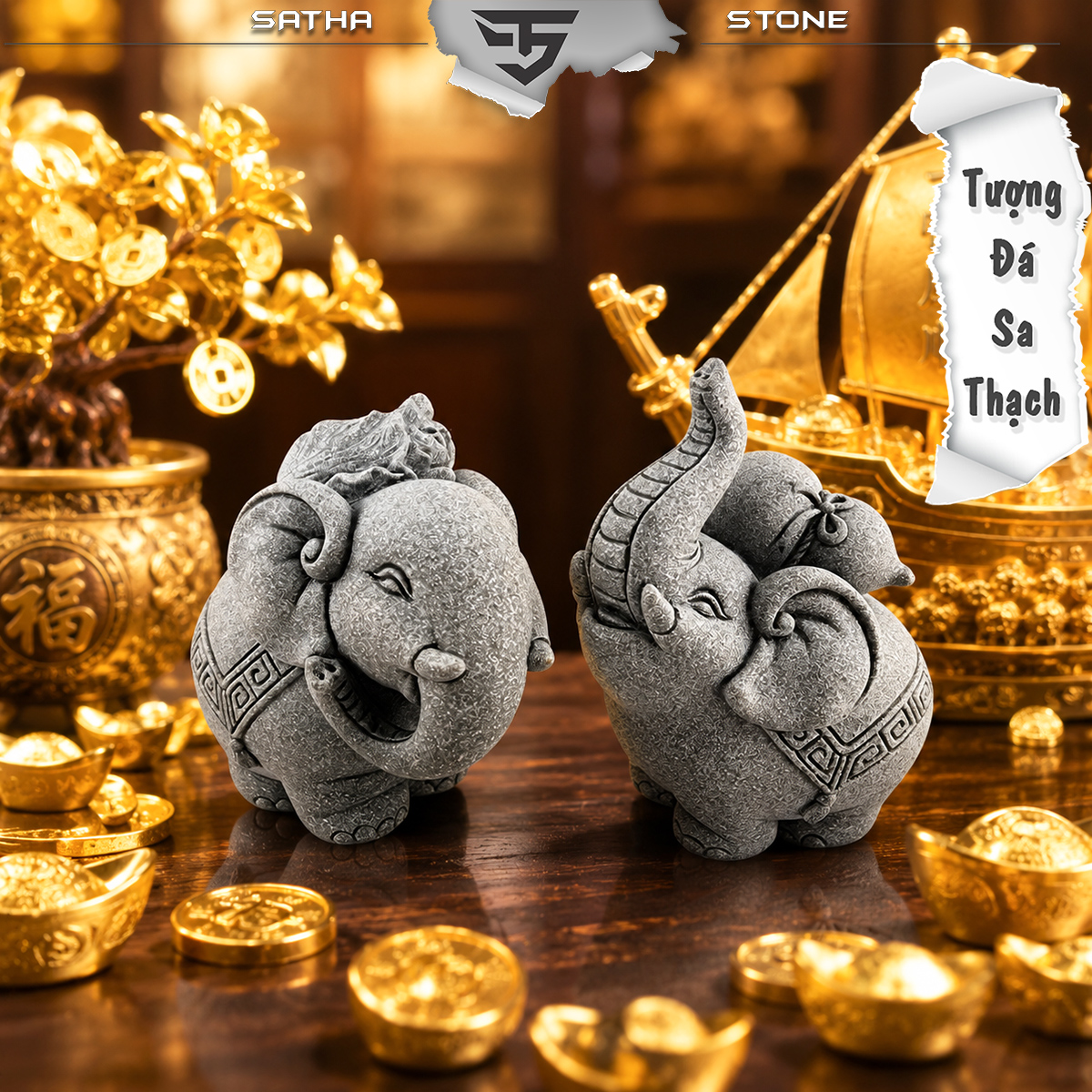Tượng song tượng bách tài đá sa thạch