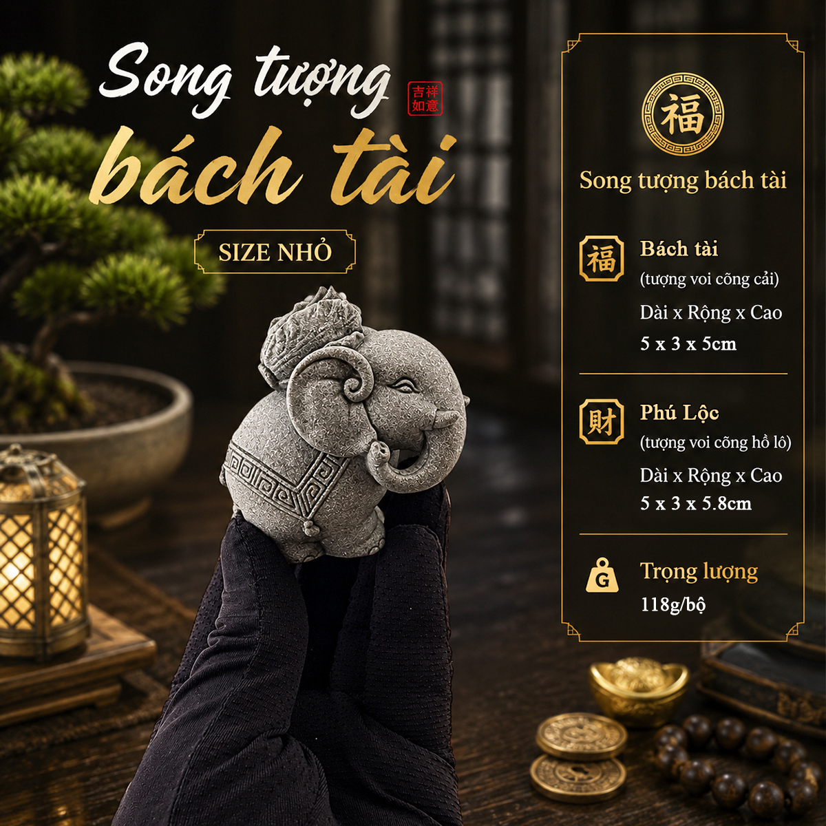 Tượng song tượng bách tài đá sa thạch