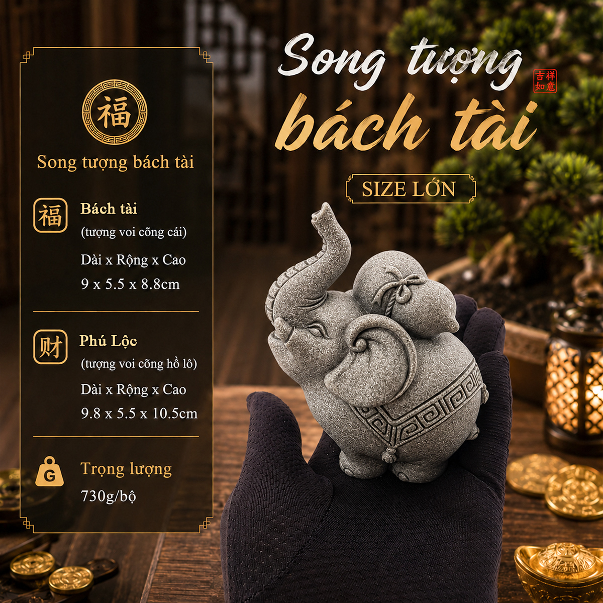 Tượng song tượng bách tài đá sa thạch