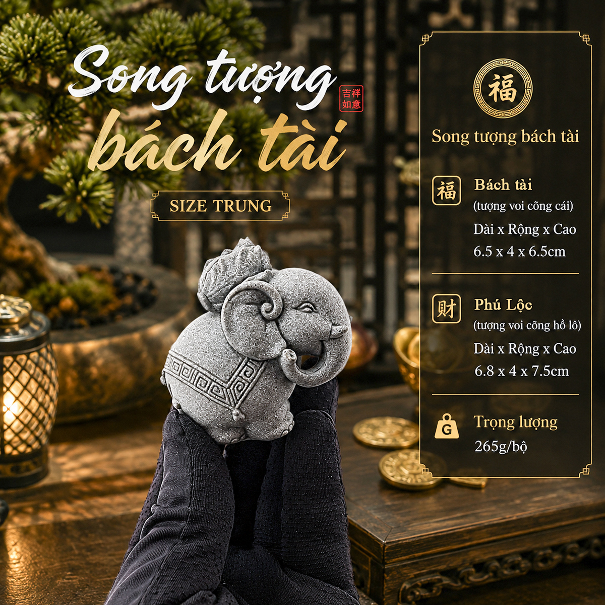 Tượng song tượng bách tài đá sa thạch