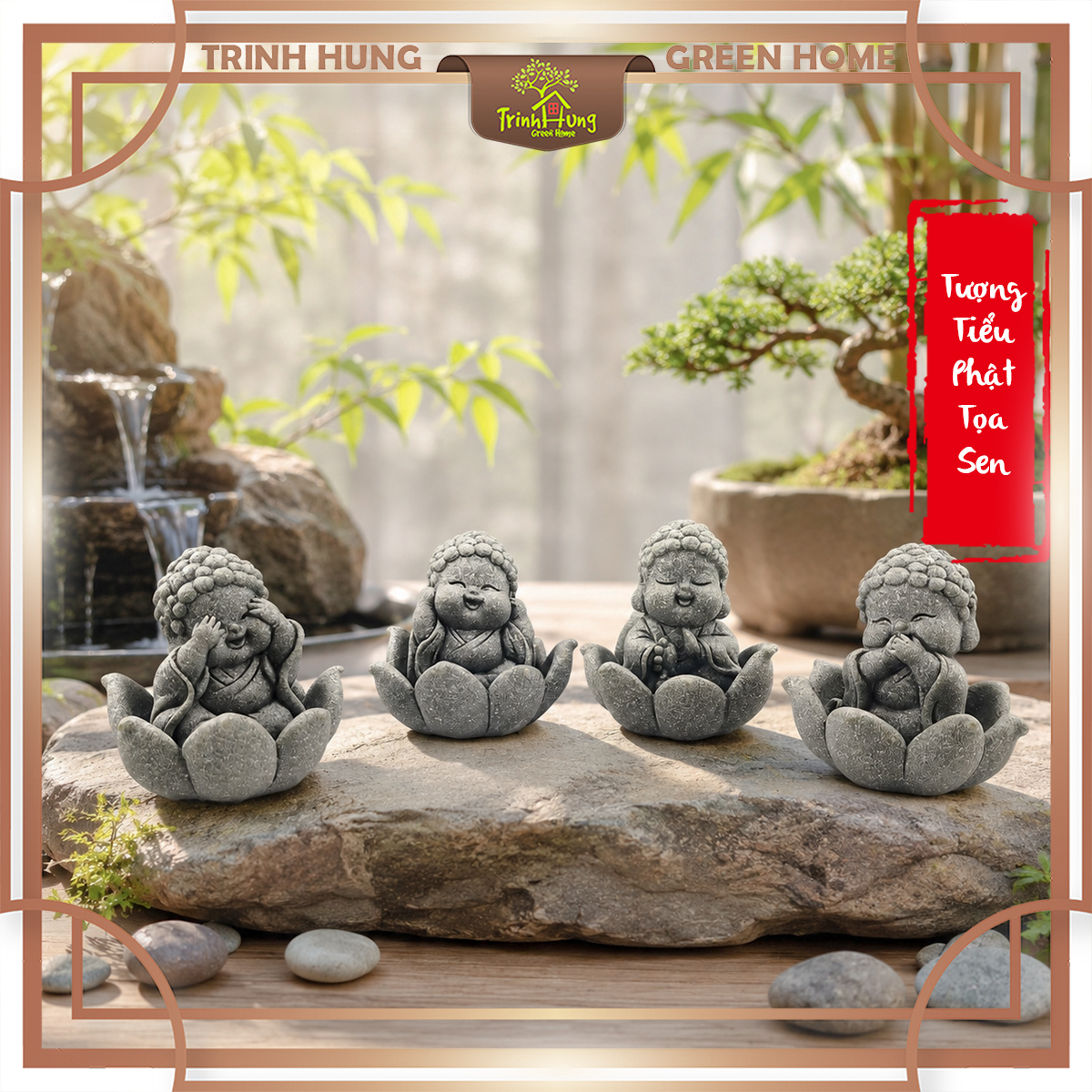 Bộ tiểu phật tứ không tọa sen đá sa thạch ST.PVN2684