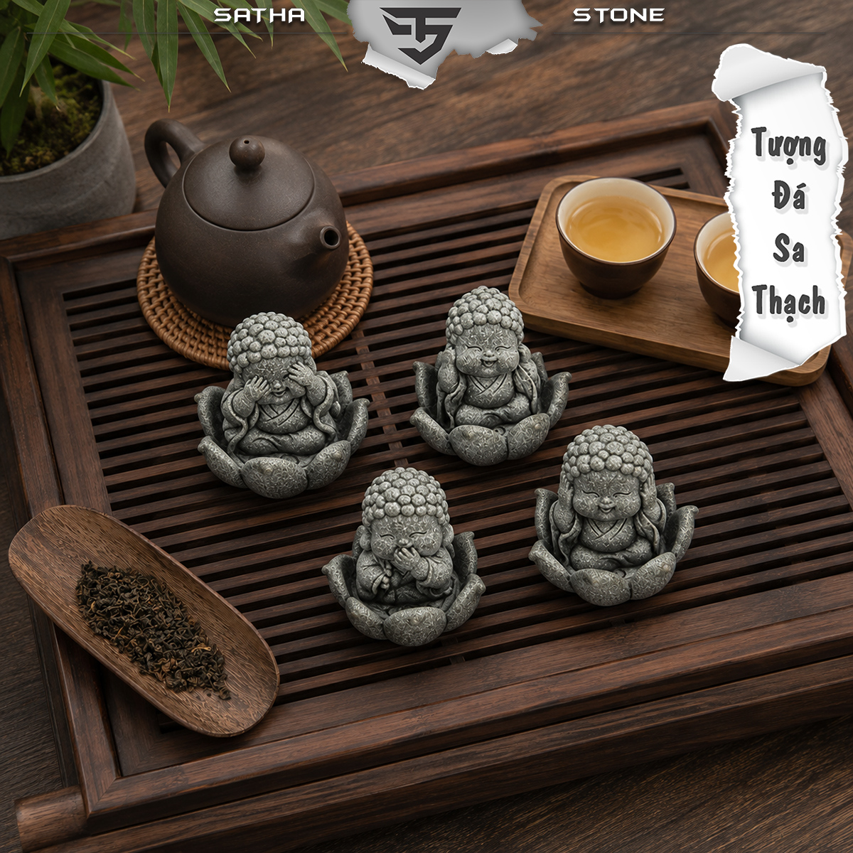 Bộ tiểu phật tứ không tọa sen đá sa thạch ST.PVN2684