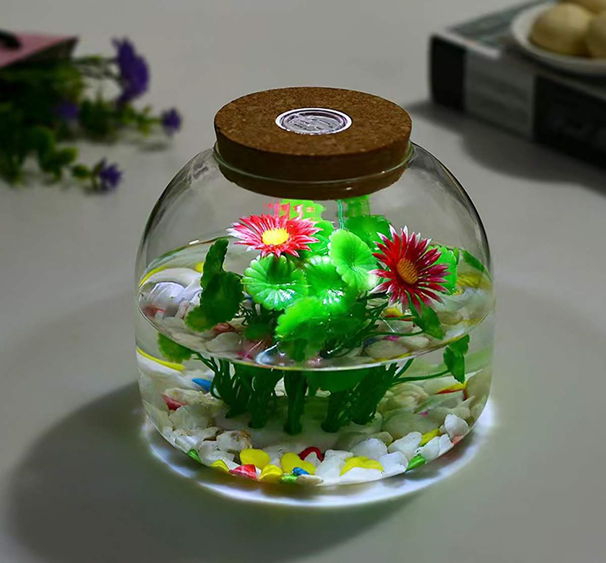 Bình thủy tinh tròn dẹt nắp bấc có đèn 15*13cm