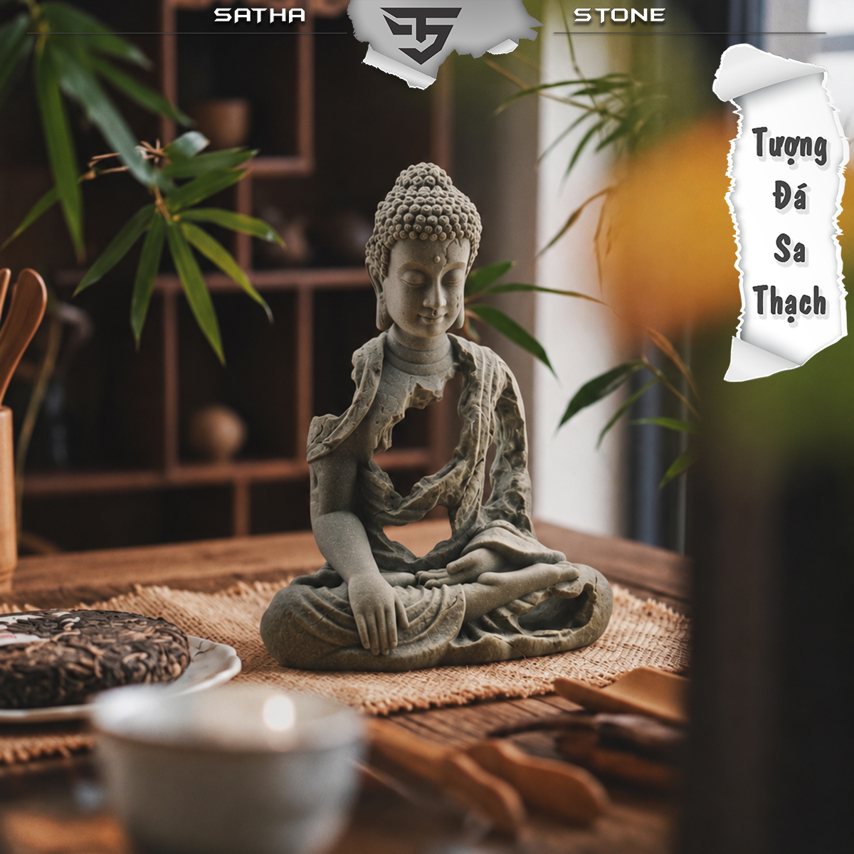 Tượng Hư Không Thiền Phật - xúc địa thủ ấn đá sa thạch ST0377