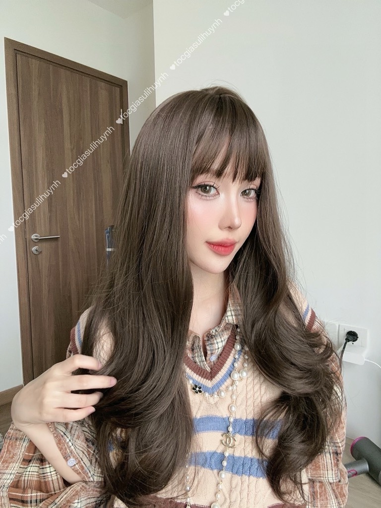 Tóc giả nguyên đầu - Bộ sóng dài nâu socola , mẫu cải tiến chất tóc