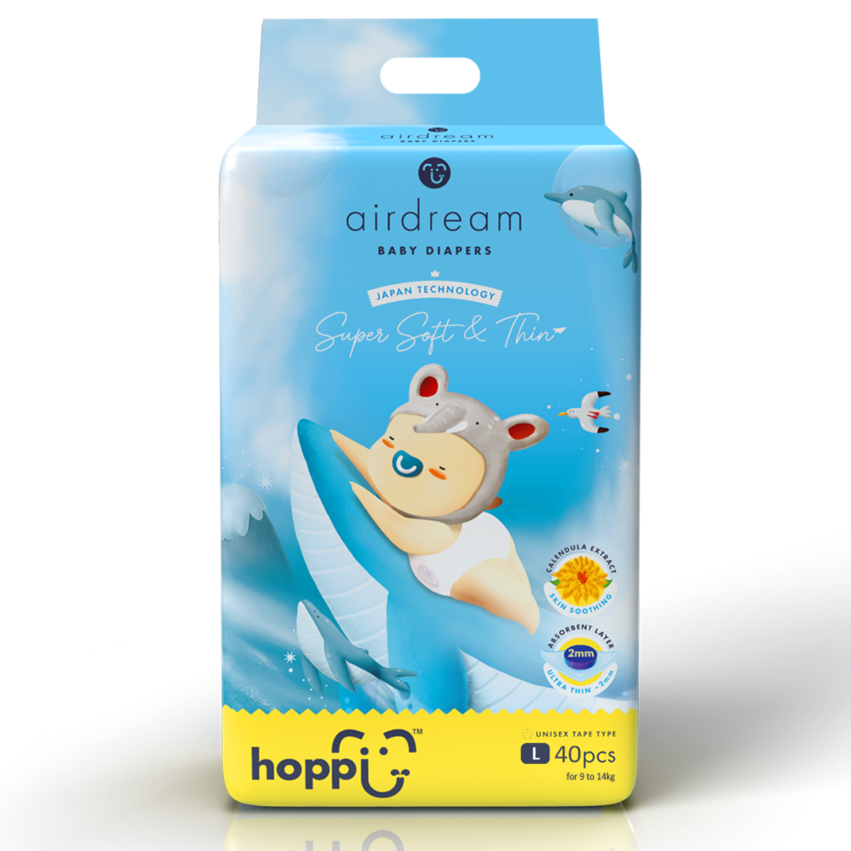Bỉm – Tã dán Hoppi Airdream size L 40 miếng (cho bé 9-14 kg)