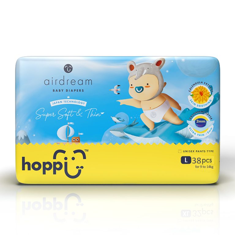 Bỉm – Tã quần Hoppi Airdream size L 38 miếng (cho bé 9-14 kg)