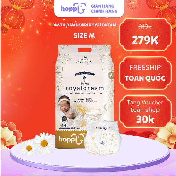 Bỉm - Tã dán Hoppi Royal Dream cao cấp, thấm hút 14 giờ cho bé size M 44 miếng (cho bé 6 - 11kg)