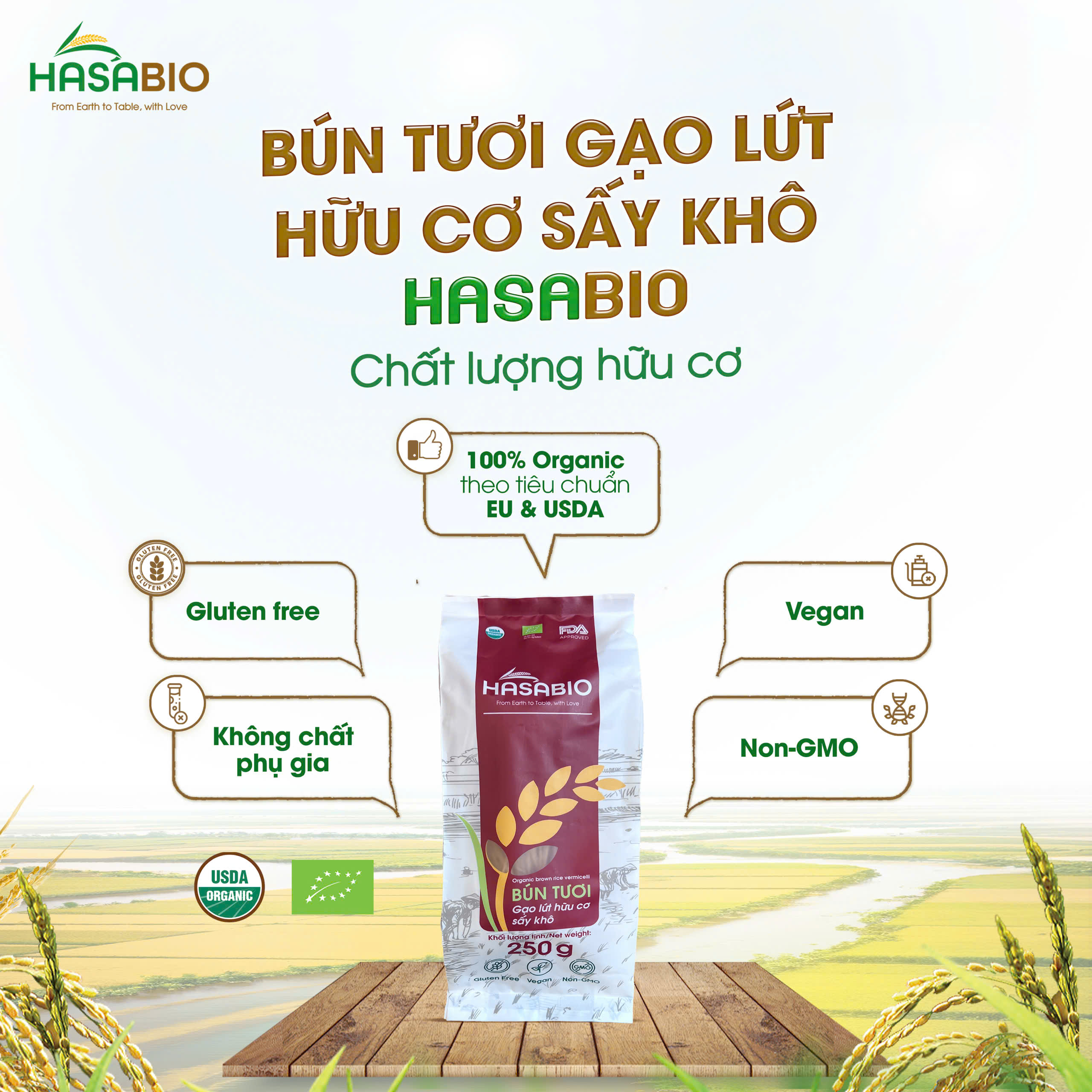 Bún Tươi Sấy Khô - Phở Ăn Liền Hữu Cơ HASABIO FOODS - Chuẩn Organic - Sợi Mềm, Dành Cho Bé Từ 6 Tháng Và Cả Gia Đình