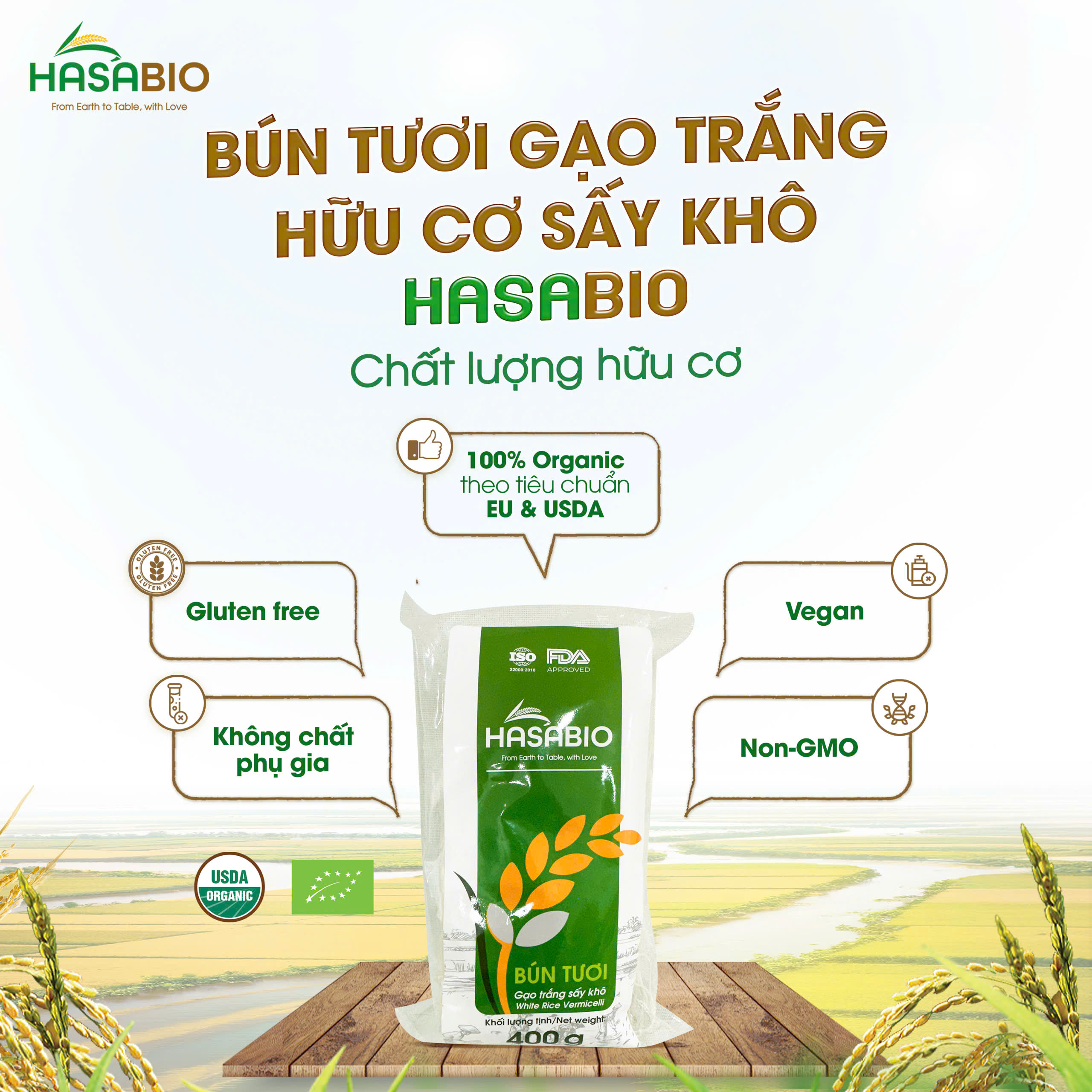 Bún Tươi Sấy Khô - Phở Ăn Liền Hữu Cơ HASABIO FOODS - Chuẩn Organic - Sợi Mềm, Dành Cho Bé Từ 6 Tháng Và Cả Gia Đình