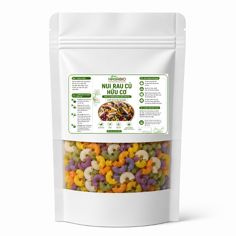 Nui Rau Củ HASABIO FOODS Cho Bé Từ 6 Tháng – Chữ C & Hình Xoắn – Từ Gạo + Rau Củ Tự Nhiên – An Toàn Ăn Dặm