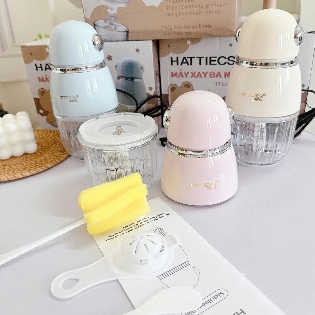 Máy Xay Ăn Dặm HATTIECS 11 Lưỡi Mới Nhất, Cối 300ml, Xay Mịn Nhuyễn, Bảo Hành Chính Hãng 24 Tháng