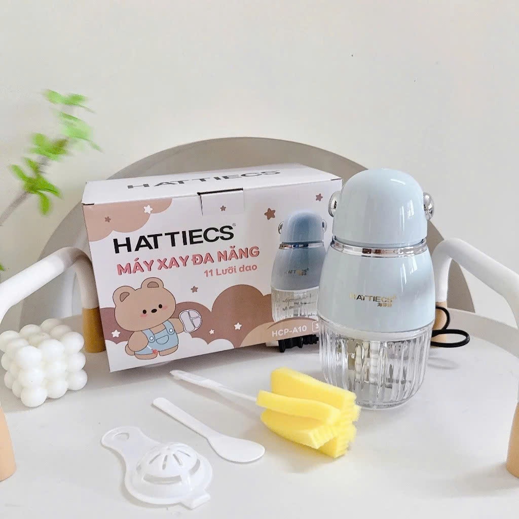 Máy Xay Ăn Dặm HATTIECS 11 Lưỡi Mới Nhất, Cối 300ml, Xay Mịn Nhuyễn, Bảo Hành Chính Hãng 24 Tháng