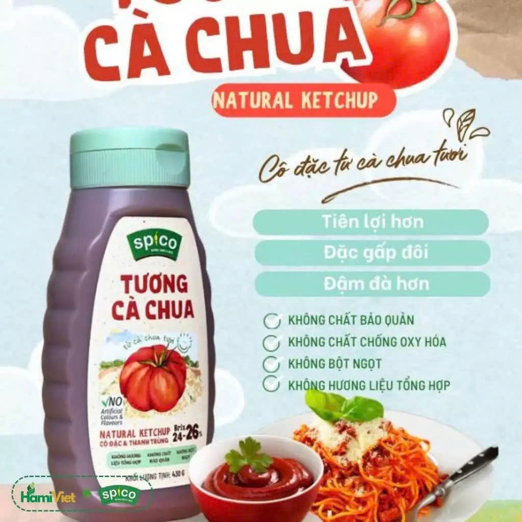 Tương Cà Chua Cô Đặc SPICO CHAI NHỰA 430g Brix 26, Đặc Sệt Hơn, Thuần Chay Cho Gia Đình