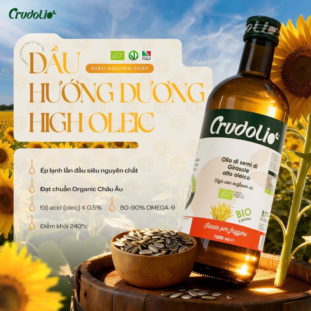 Dầu Ăn Hữu Cơ Ép Lạnh Nguyên Chất CRUDOLIO, Dầu Olive, Dầu Omega 3-6-9, Dầu Hạt Cải - Nhập Khẩu Ý