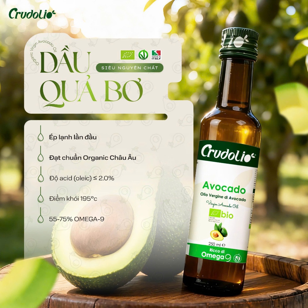 Dầu Ăn Hữu Cơ Ép Lạnh Nguyên Chất CRUDOLIO, Dầu Olive, Dầu Omega 3-6-9, Dầu Hạt Cải - Nhập Khẩu Ý