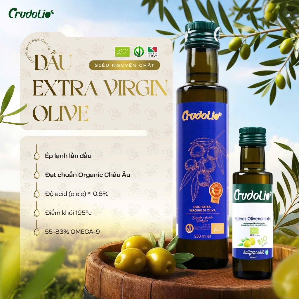 Dầu Ăn Hữu Cơ Ép Lạnh Nguyên Chất CRUDOLIO, Dầu Olive, Dầu Omega 3-6-9, Dầu Hạt Cải - Nhập Khẩu Ý